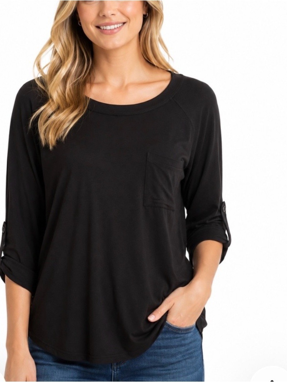Black Roll Tab Sleeve Top Size Medium